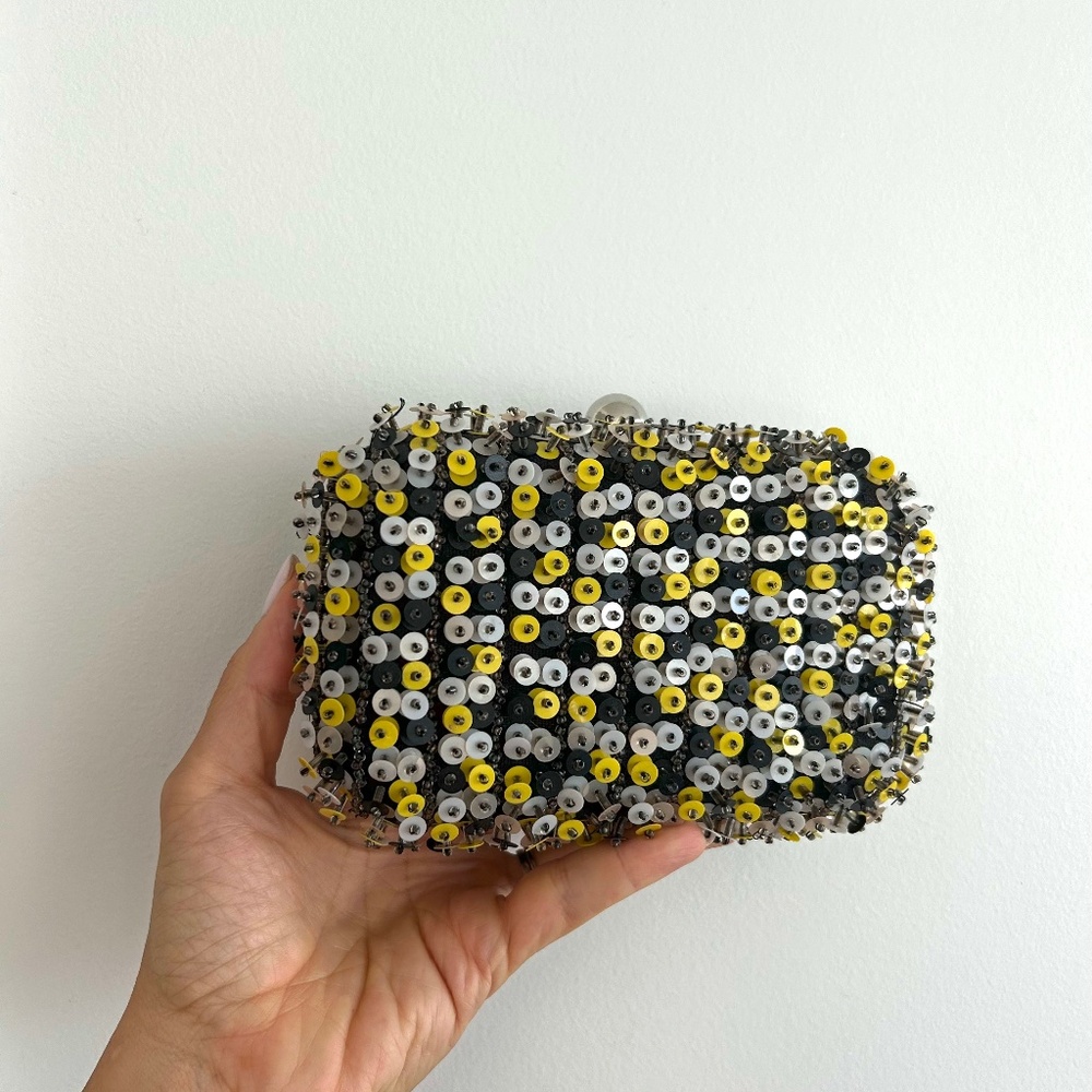 Zara Beaded Clutch Bag Black White Yellow Evening Crossbody Chain